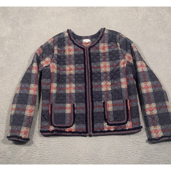 Crown & Ivy Blue Plaid Puffer Jacket Quilted Zip Front Fringe Pockets Medium M‎ - Picture 1 of 12